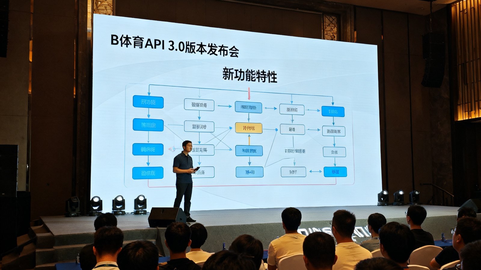 B体育API 3.0版本发布会在深圳举行的现场照片，大屏幕展示新功能特性