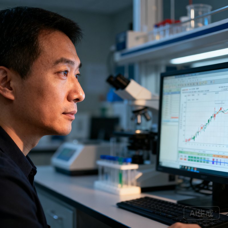B体育首席数据科学家王博士在实验室分析数据的侧脸特写照