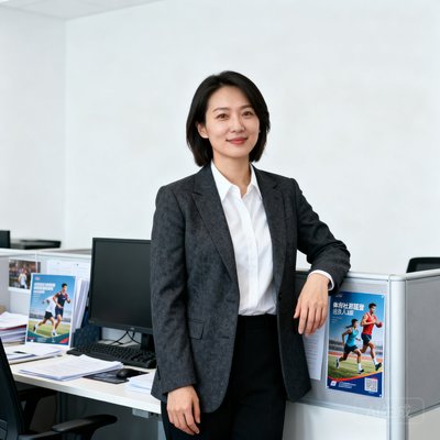 体育社群运营负责人李女士在办公室工位前的干练职业照